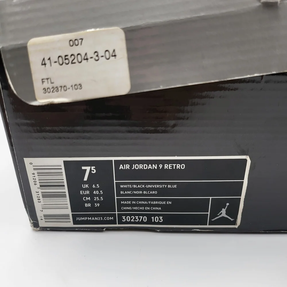 Air Jordan 9 Retro White and Powder Blue Color  High-Top Sneakers Size 7.5 Mens